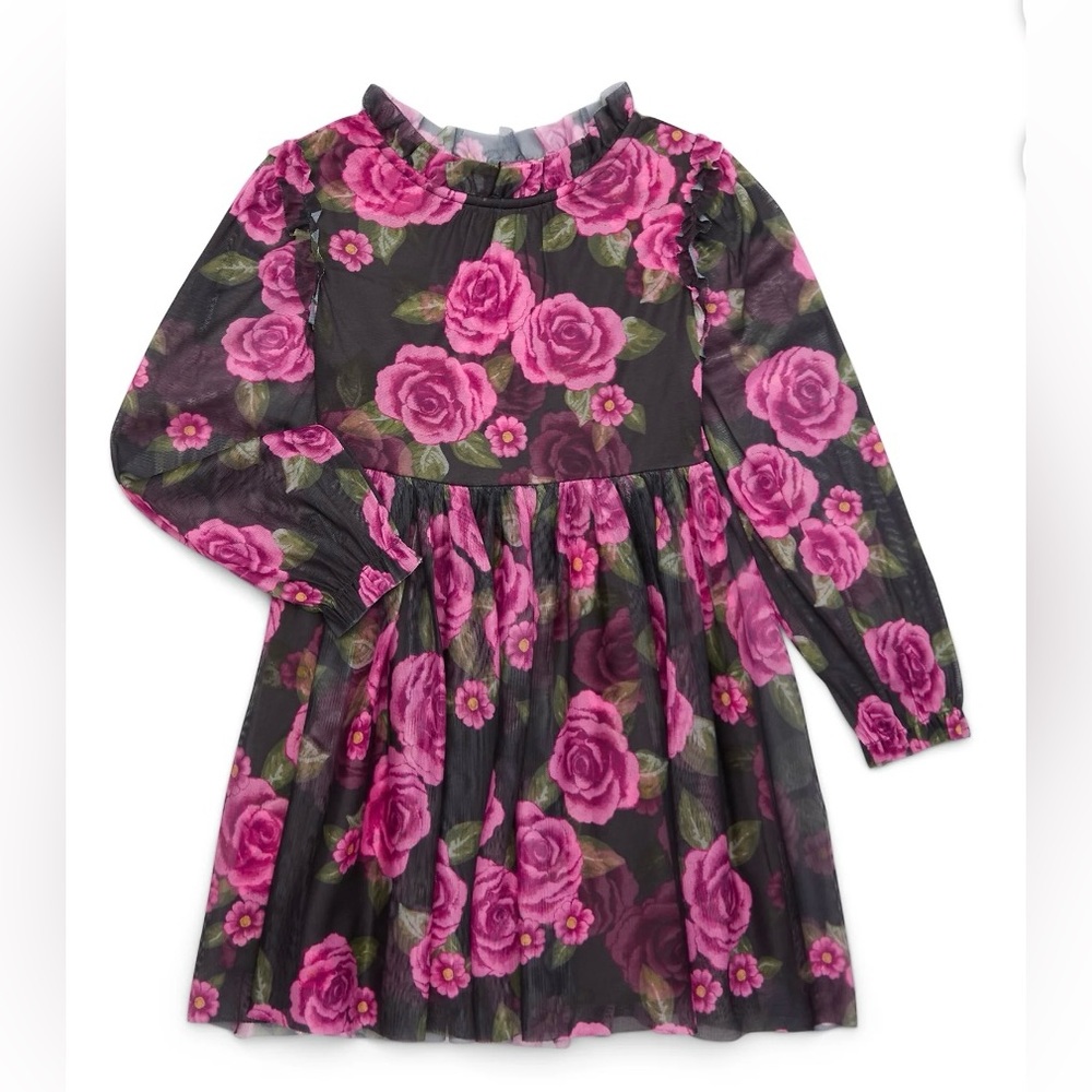 Zac Posen Kids Girls Purple Rose Ruffle Mesh Dress with Long-Sleeves, Size: 4-5